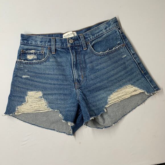 Abercrombie & Fitch Women Shorts 27 Blue Denim Mid Rise Boyfriend Distressed 3” - Picture 2 of 13